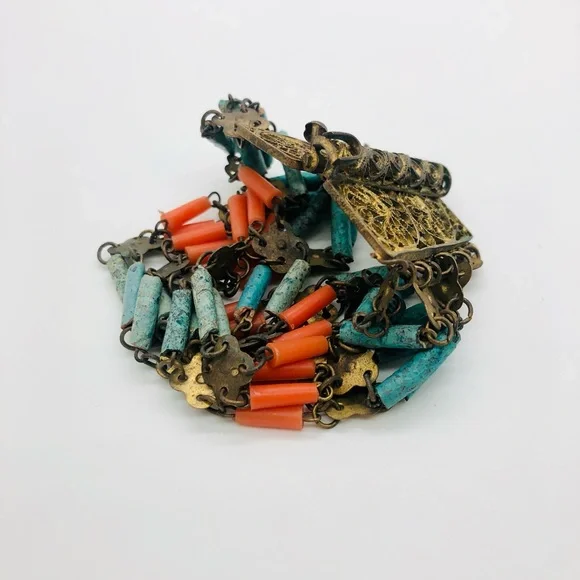 Rare Vintage Egyptian Revival Faience brass filigree bracelet - Picture 4 of 16